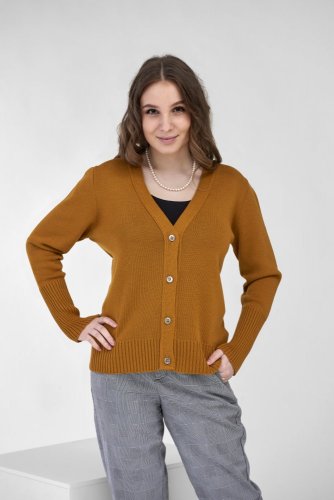 Dámský vlněný svetr na knoflíky - Barva: Hořčicová, Velikost: XL