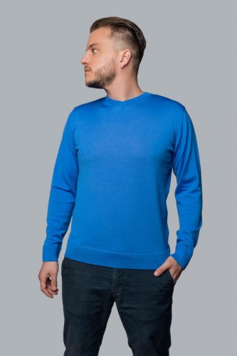 Pánský vlněný svetr Merino s výstřihem - Velikost: S, Barva: Světle modrá