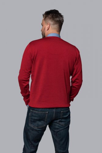 Pánský vlněný svetr Merino s výstřihem hlubokým - Farba: Červená, Velikost: S