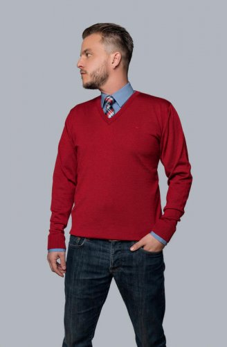 Pánský vlněný svetr Merino s výstřihem hlubokým - Farba: Červená, Velikost: S