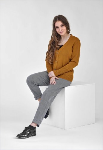 Dámský vlněný svetr na knoflíky - Barva: Hořčicová, Velikost: XL