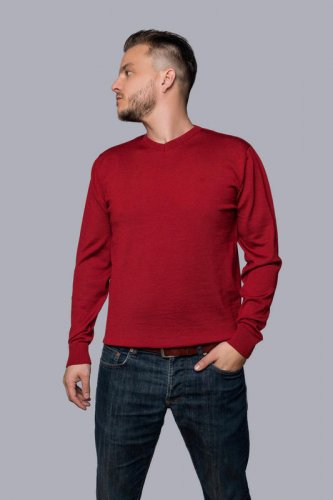 Pánský vlněný svetr Merino s výstřihem - Barva: Vínová, Velikost: XL